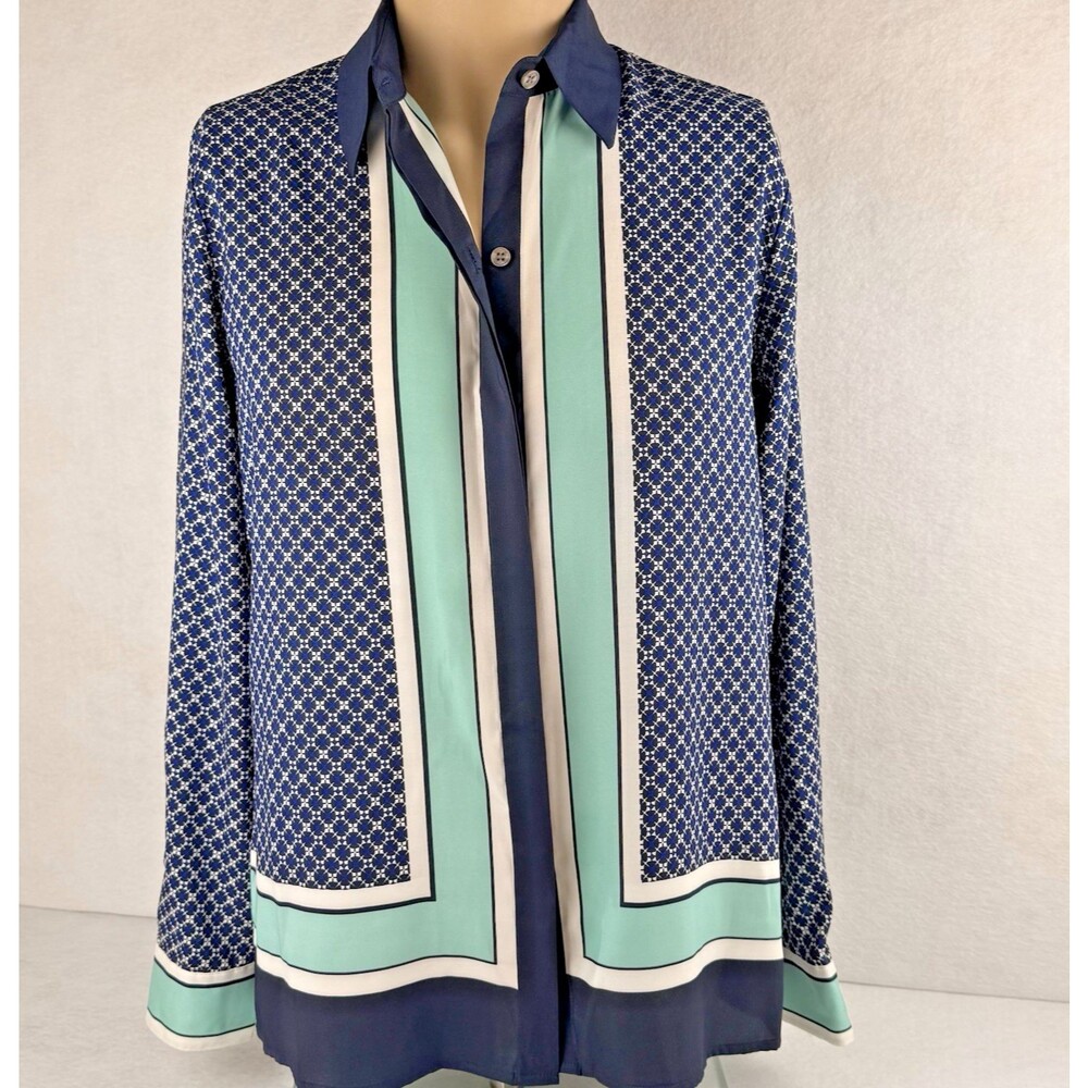 Vince Camuto Mod Geometric Print Button Down Blouse Top Navy Teal White Small S